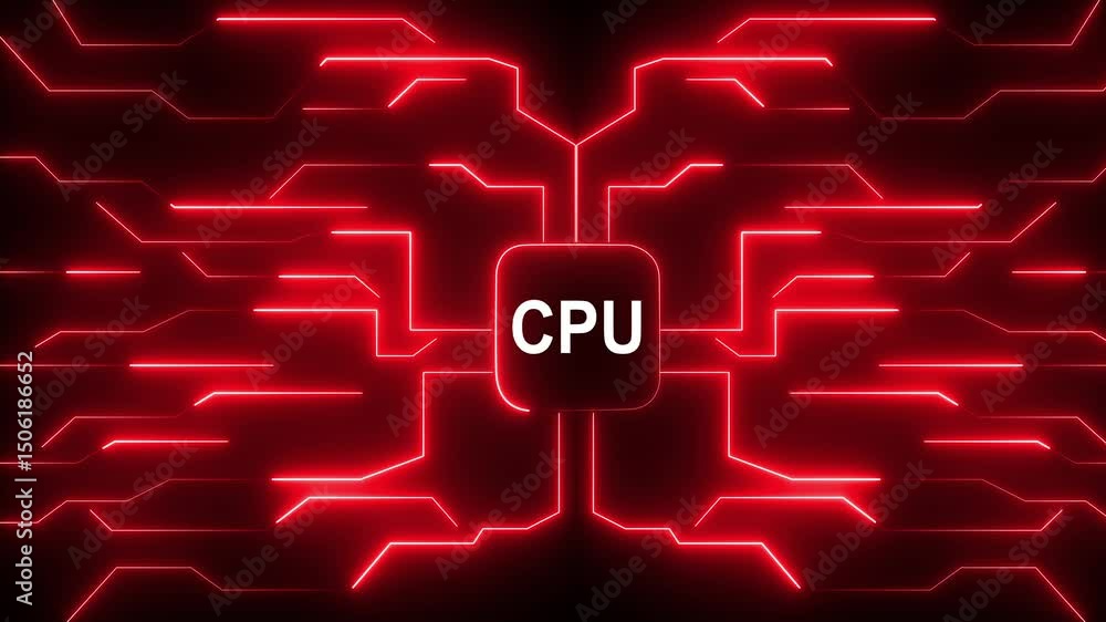 Poster neon circuit board. microchip with electronic circuit board glowing animation. high tech glowing fut