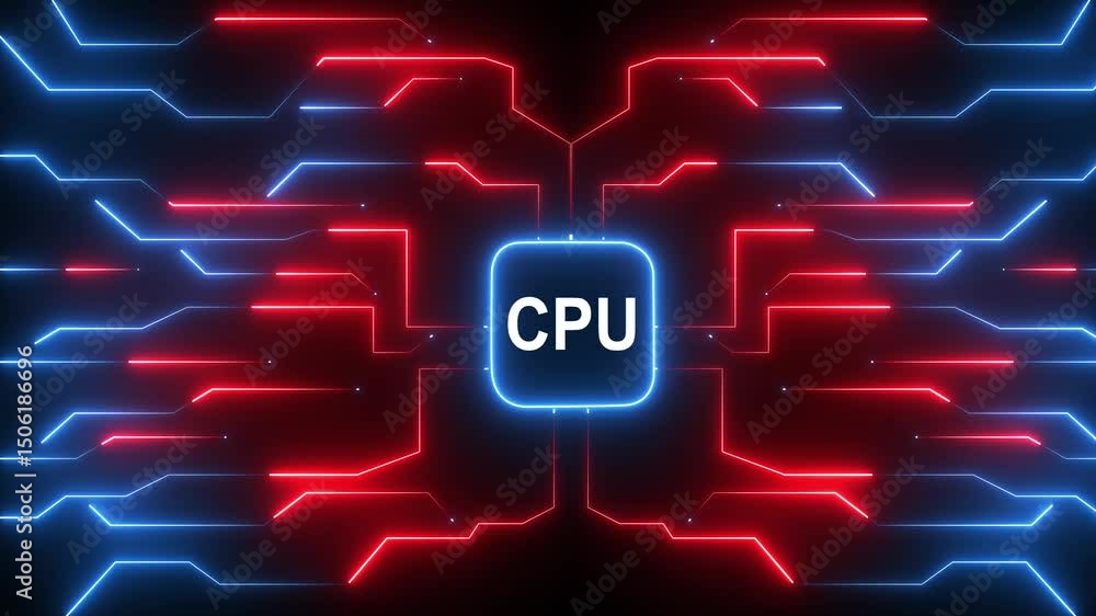 Poster neon circuit board. microchip with electronic circuit board glowing animation. high tech glowing fut