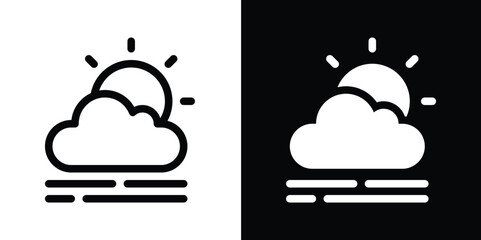 Black Weather Icon with Sun, Cloud, and Fog/Mist: Sunny and Foggy Climate Symbol