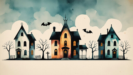 Haunted houses Halloween  watercolor illustration