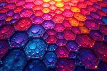 Intricate tessellation of hexagons, vibrant hues, repeat, texture, wallpaper