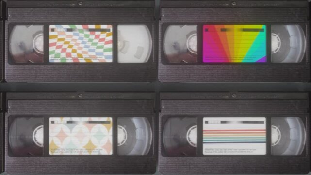 Loop Animation of Vintage VHS Tapes With Retro Patterned Labels
