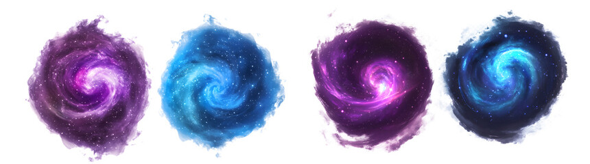 Cosmic galaxy nebula swirls in purple and blue, isolated on transparent background