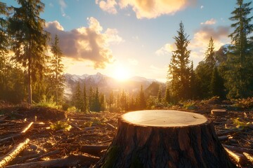 A serene sunset view over a deforested landscape with a solitary tree stump in the foreground. The vibrant hues of the sky reflect the beauty and fragility of nature's ecosystem.