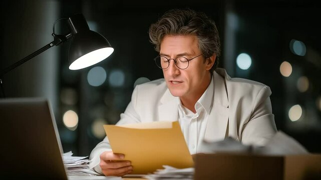 Midnight tax file delivery to lawyer with courier and cluttered desk