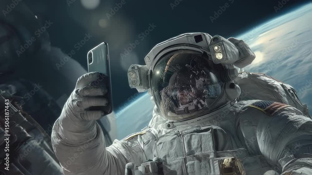 Aufkleber professional astronaut wearing advanced spacesuit capturing digital self portrait while floating wei