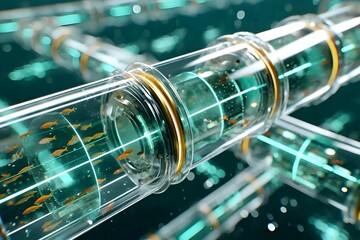 A futuristic design featuring transparent tubes with glowing elements, ideal for illustrating advanced technology concepts, digital innovation, and modern science