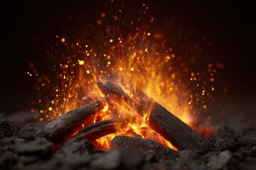 Vivid fire logs ablaze sparks fly