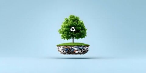 A vibrant green tree symbolizing sustainability, perched on a mound of debris, conveying the importance of recycling and environmental awareness in the modern world