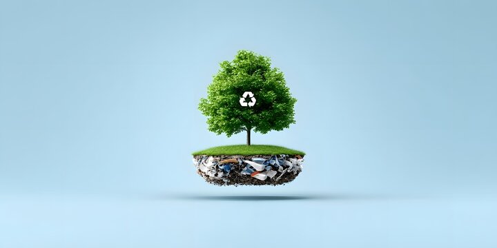 A vibrant green tree symbolizing sustainability, perched on a mound of debris, conveying the importance of recycling and environmental awareness in the modern world
