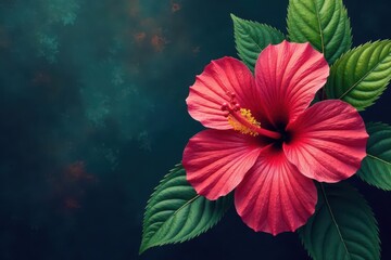 Bold hibiscus print, vibrant tropical colors, dark green leaves, jungle, hibiscus