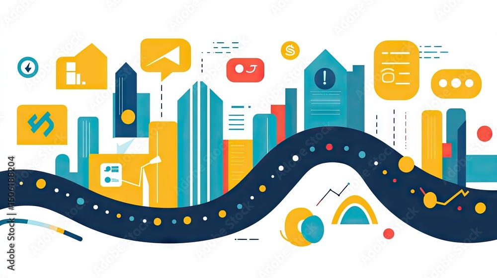 Aufkleber abstract cityscape design with colorful shapes and data visualization elements.