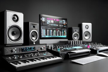 Obraz premium A modern music production setup featuring various audio equipment, including speakers, a synthesizer, and a computer screen displaying sound editing software. Ideal for musicians.