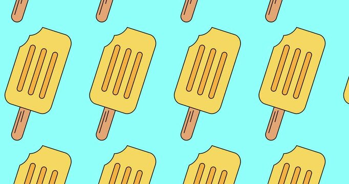 Animaci&oacute;n de paletas de helado tropical de mango en un fondo azul claro.