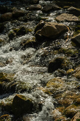 Natural stream water flows over smooth rocks. This image is suitable for nature, environment, or...