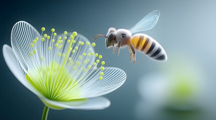 A close-up view of a bee gracefully hovering above a delicate flower, showcasing nature's beauty and the essential role of pollination in the ecosystem