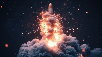 Fototapeta premium Fiery rocket launch into the night sky.