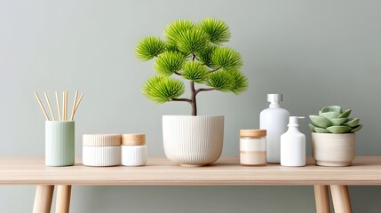 A modern minimalistic arrangement featuring a vibrant green plant in a stylish pot, surrounded by decorative bottles and containers on a light wooden table against a soft wall.