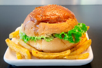 Beef burger with French fries