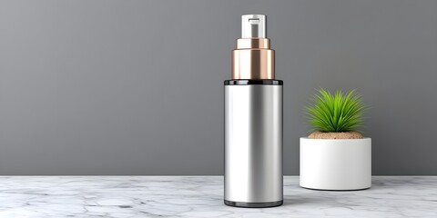 A stylish cosmetic bottle with a sleek design sits on a marble surface next to a small potted plant, creating a modern and minimalistic aesthetic for beauty enthusiasts.
