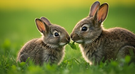 Fototapeta premium Adorable Baby Bunnies Sharing a Leaf A Touching Moment in Nature