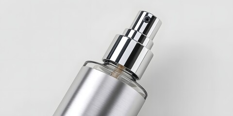 A sleek and modern spray bottle featuring a polished silver finish, ideal for cosmetic or fragrance use