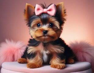 Ein winziger Yorkshire Terrier Welpe sitzt auf einem Plüschhocker, eine rosa Schleife ziert sein Haar. - obrazy, fototapety, plakaty