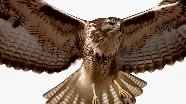 Majestic brown hawk soaring through the air, wings spread wide against a bright background. Captivating bird of prey in flight.