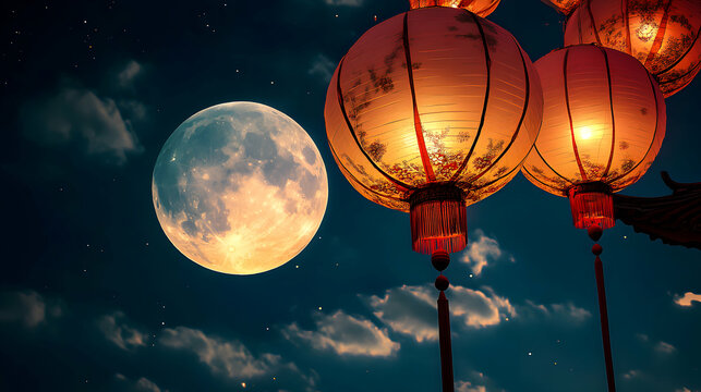 Mid-Autumn Festival: Luminous lanterns illuminate the night sky under the full moon