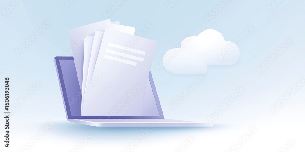 Poster laptop with documents emerging from screen, representing digital storage and cloud computing, showca