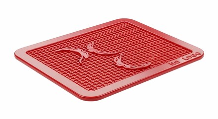 Red Silicone Trivet Featuring Interwoven Grid and Decorative Logo Element