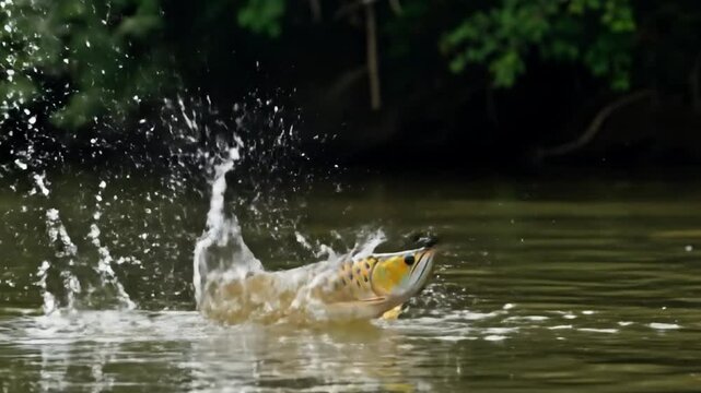 Amazing golden arowana jumping out of water in nature river wild animal pet fish aquarium gold color scales video 4k
