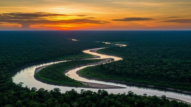 Aerial view of amazon river at sunset flowing through lush green forest landscape scenery beauty nature video 4k