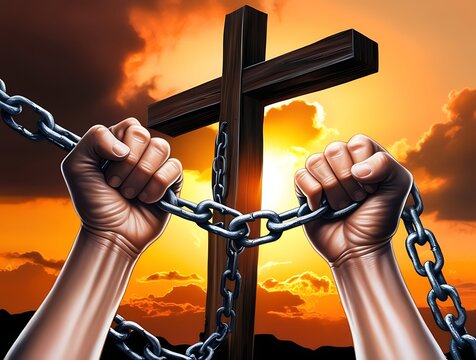 Powerful concept image of hands breaking chains in front of a glowing Christian cross at sunset, symbolizing freedom, salvation, spiritual liberation, and inner strength through faith

