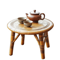 A Small Round Bamboo Table With A Teapot And Two Teacups On Top The Table Has Four Legs And A Woven Top The Table Is Isolated On A Transparent Background