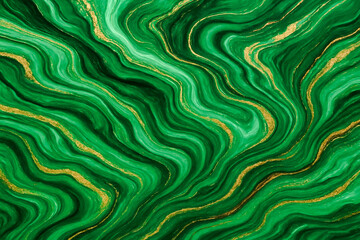 Illustration of Elegant malachite green and gold abstract marble texture background with swirling patterns and fluid veins for luxurious and decorative designs