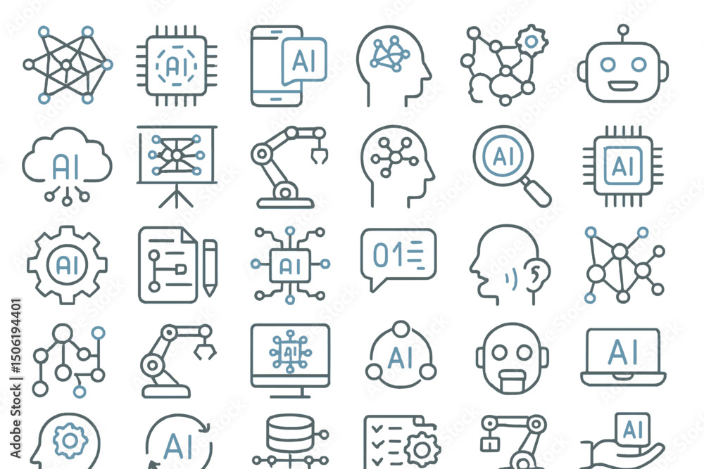 Poster various icons representing artificial intelligence concepts and applications in a tech-inspired desi