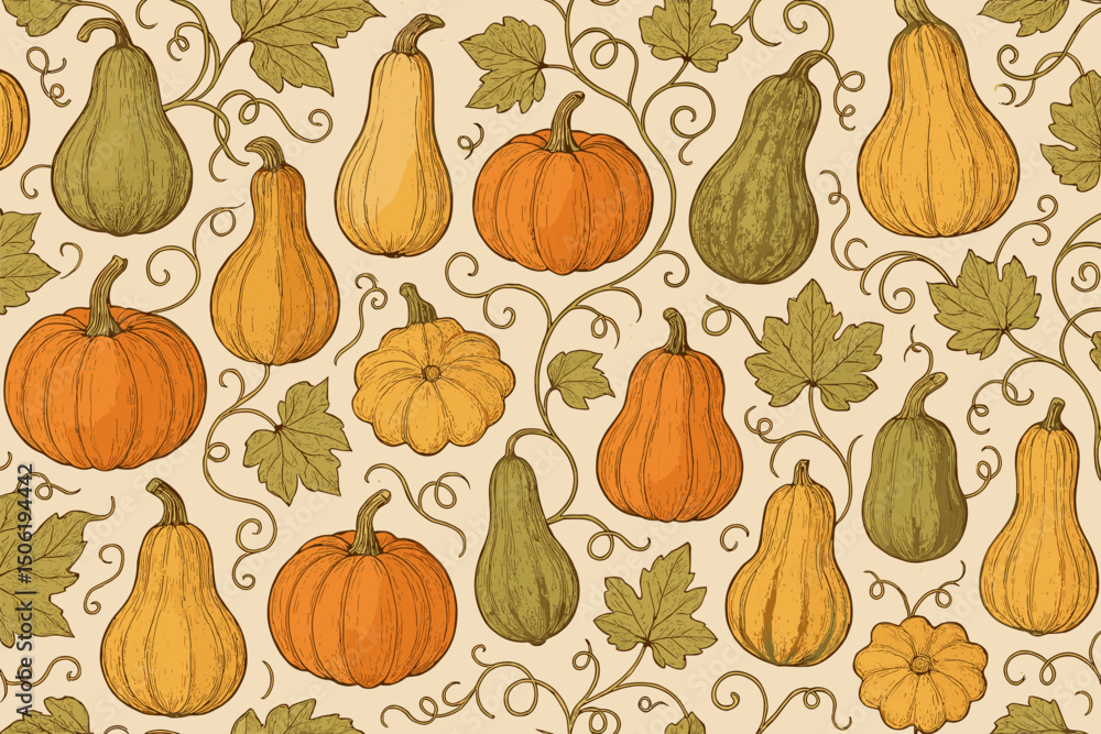 Poster decorative pattern featuring various pumpkins and gourds with vines on a light background