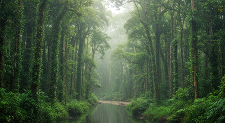 Obraz premium Tropical forest in the morning with fog. Deep in the rainforest. Southeast Asian rainforest with dense jungle. Beautiful forest in the morning. River in deep rainforest.