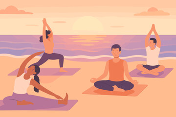 Fototapeta premium Group of individuals practicing yoga on the beach during sunset in a tranquil setting