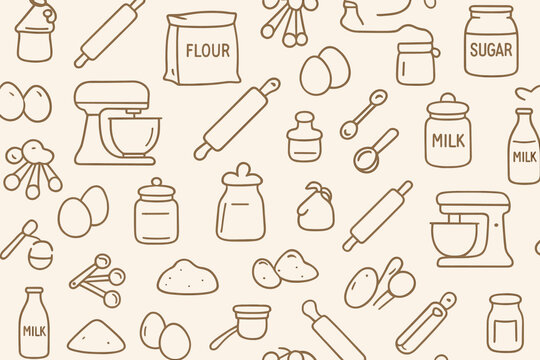 Baking ingredients and tools outline design on a light background for culinary enthusiasts and baking lovers