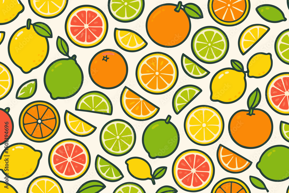 Poster bright and colorful fruit pattern featuring various citrus fruits arranged in a repetitive design su