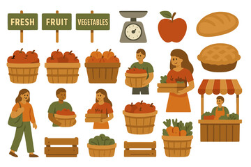 Fresh produce market with visitors carrying fruits and vegetables in a vibrant, lively setting