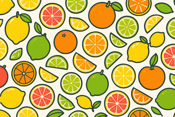 Bright and colorful fruit pattern featuring various citrus fruits arranged in a repetitive design suitable for background or wallpaper use