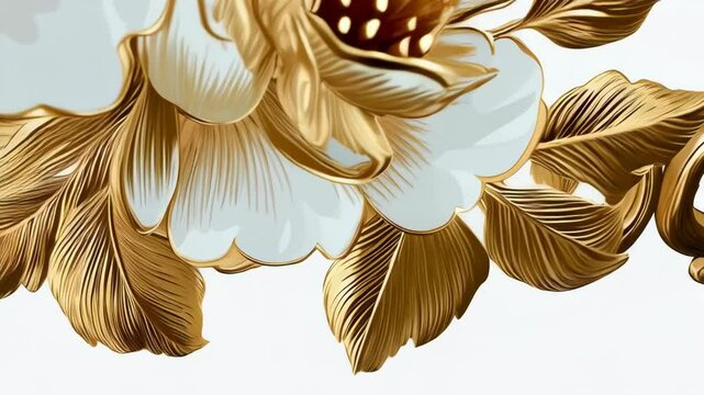 Elegant white and gold flowers with ornate golden flourish creating a decorative luxury floral corner design on a white background.