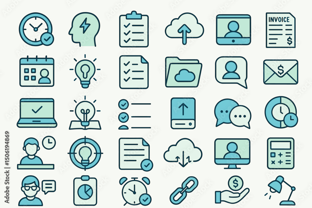 Poster icons representing digital productivity tools for effective time management and organization in a wo