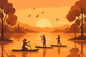 Evening paddleboarding on a serene lake with stunning sunset and silhouettes of paddlers