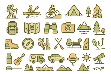 Outdoor adventure icons representing various activities like hiking, camping, and kayaking across diverse natural settings