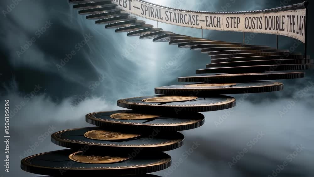 Poster conceptual animation showing a spiral staircase made of coins, illustrating the increasing cost of d