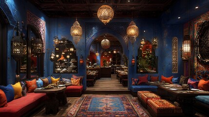 Fototapeta premium Luxurious Moroccan restaurant interior with vibrant colors, intricate details, and comfortable seating.